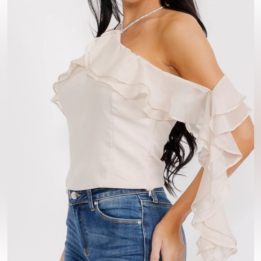 A245. Cream Off-Shoulder Ruffle Top