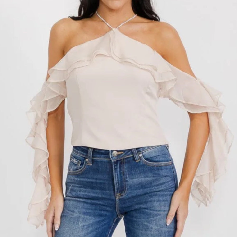 A245. Cream Off-Shoulder Ruffle Top