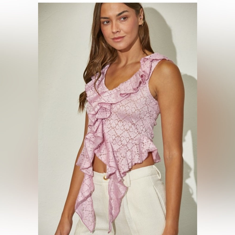 A246. Ruffle Texture Lace Cropped Blouse Top