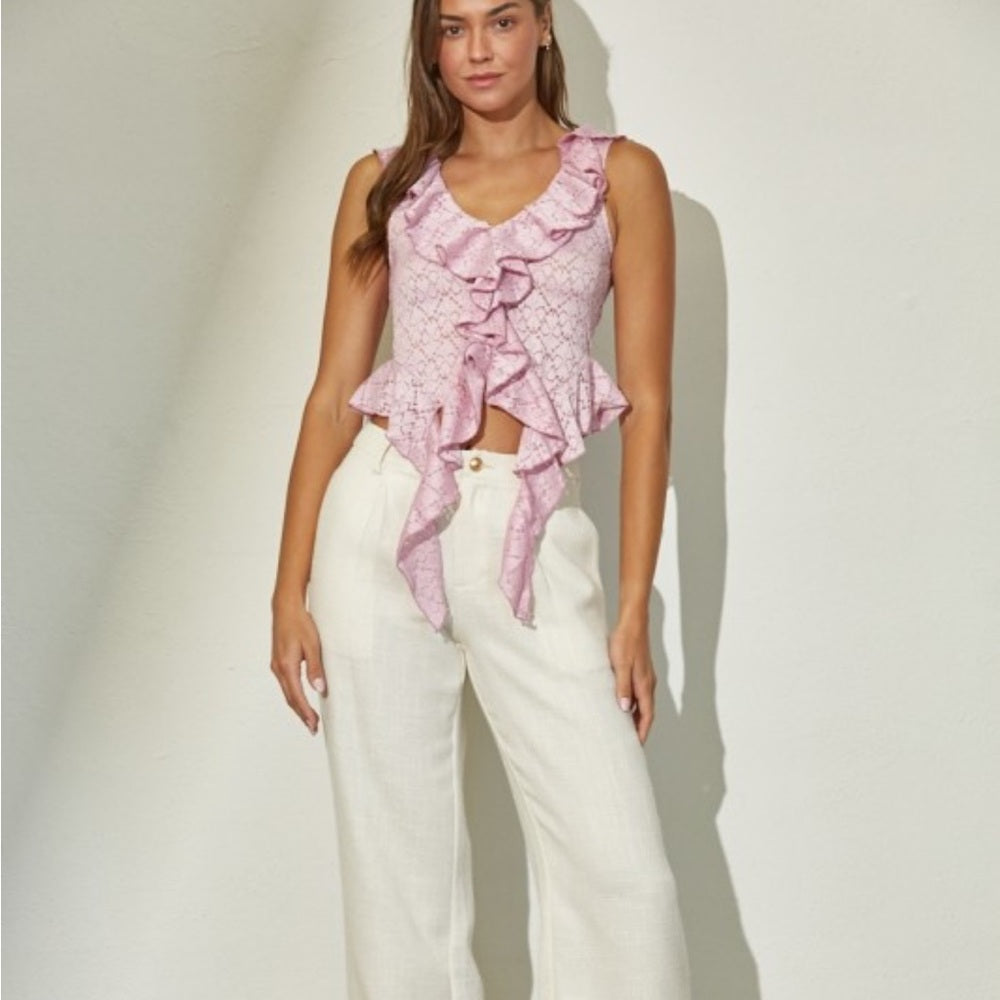 A246. Ruffle Texture Lace Cropped Blouse Top