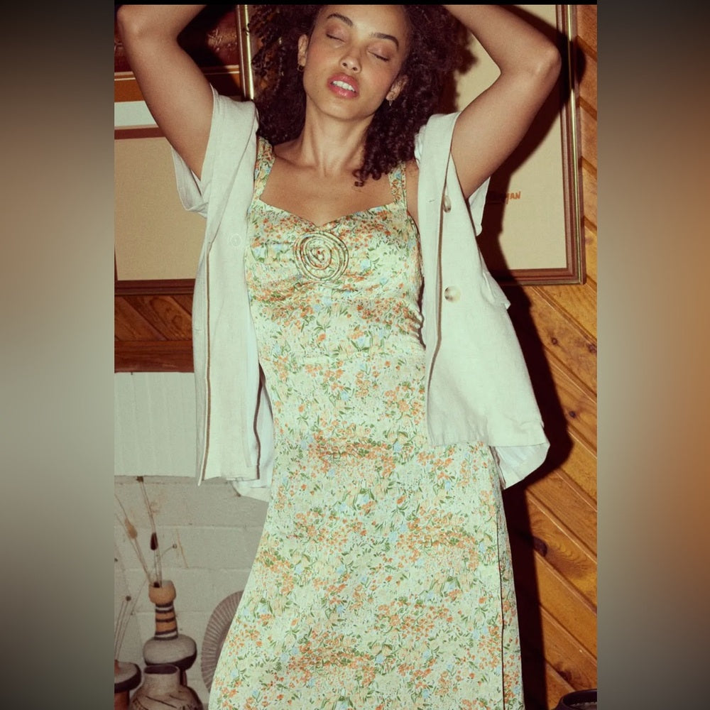 A248. Promesa Floral Midi Dress - Cream and Green