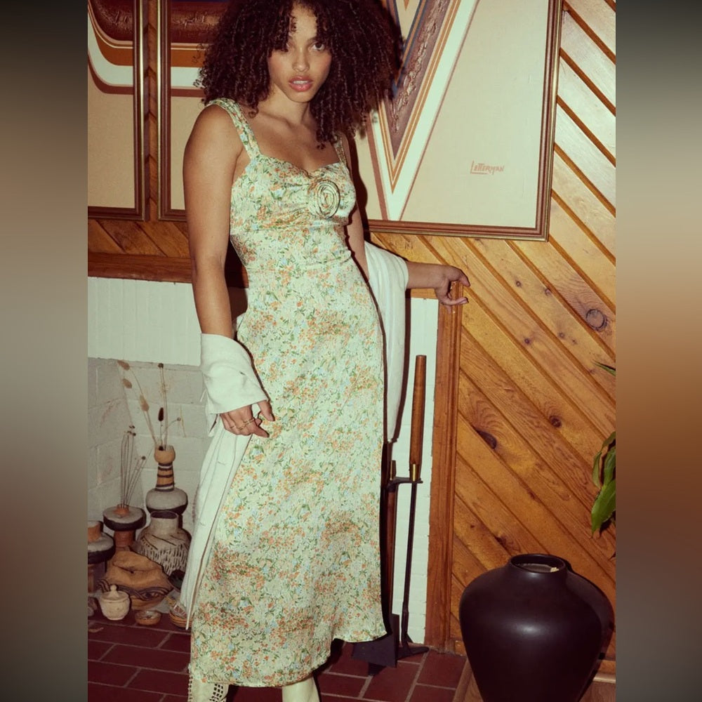 A248. Promesa Floral Midi Dress - Cream and Green