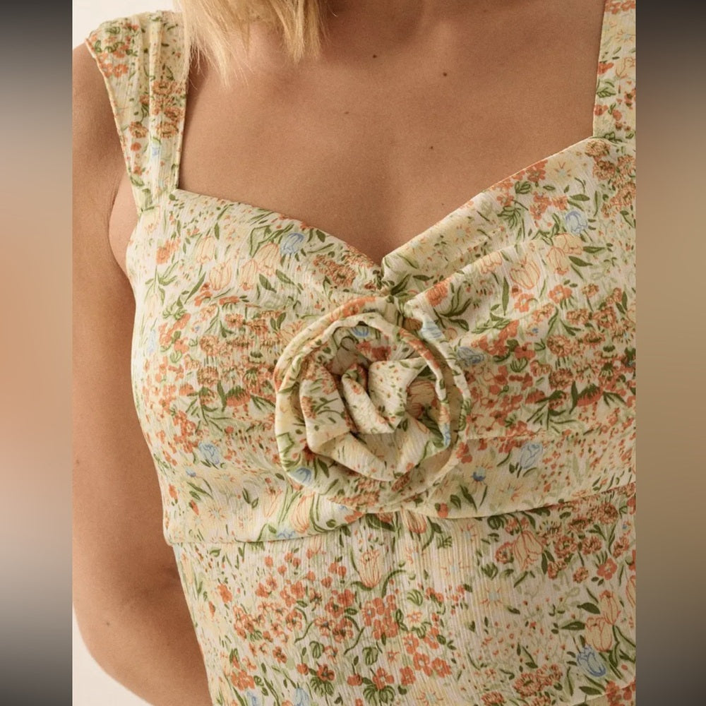 A248. Promesa Floral Midi Dress - Cream and Green