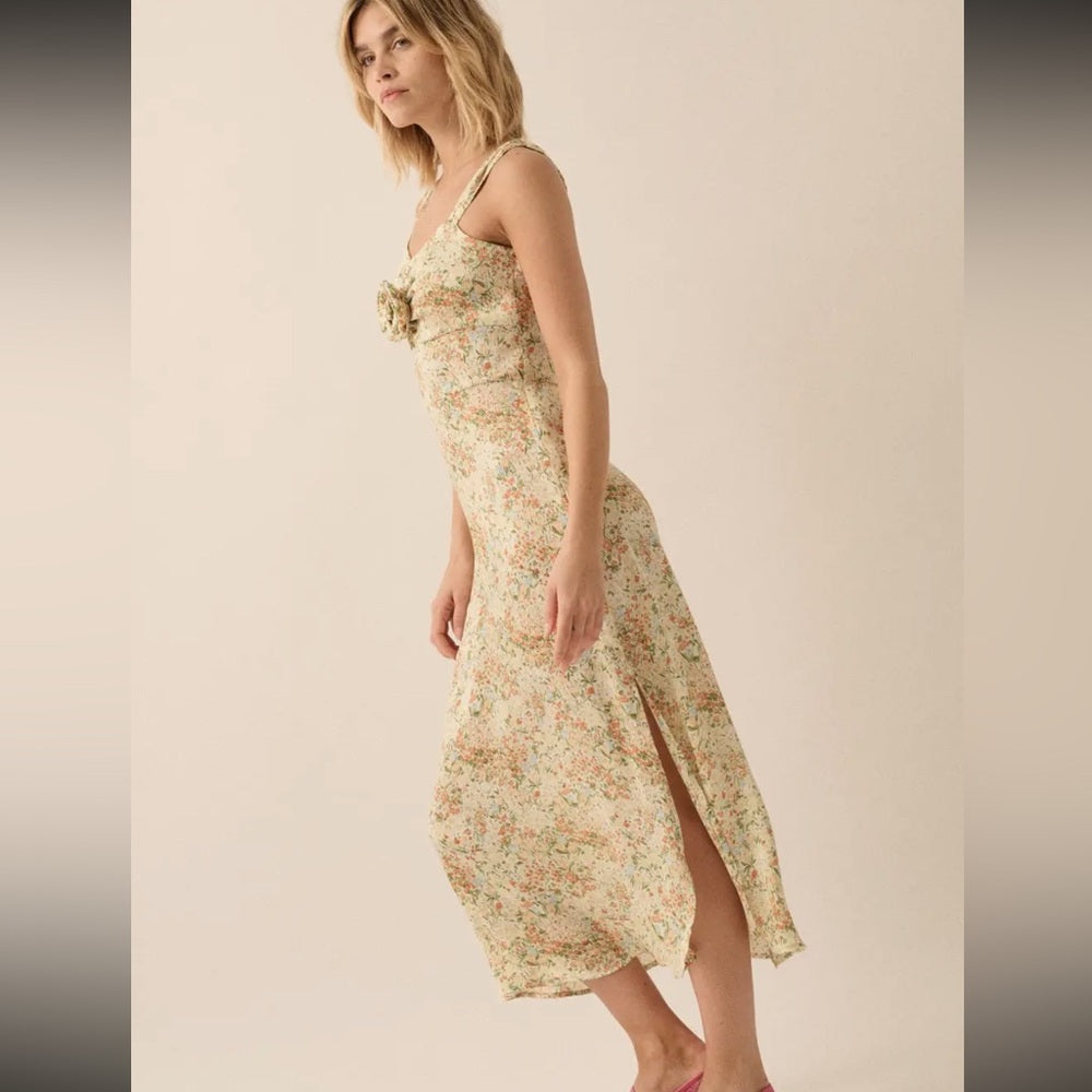 A248. Promesa Floral Midi Dress - Cream and Green