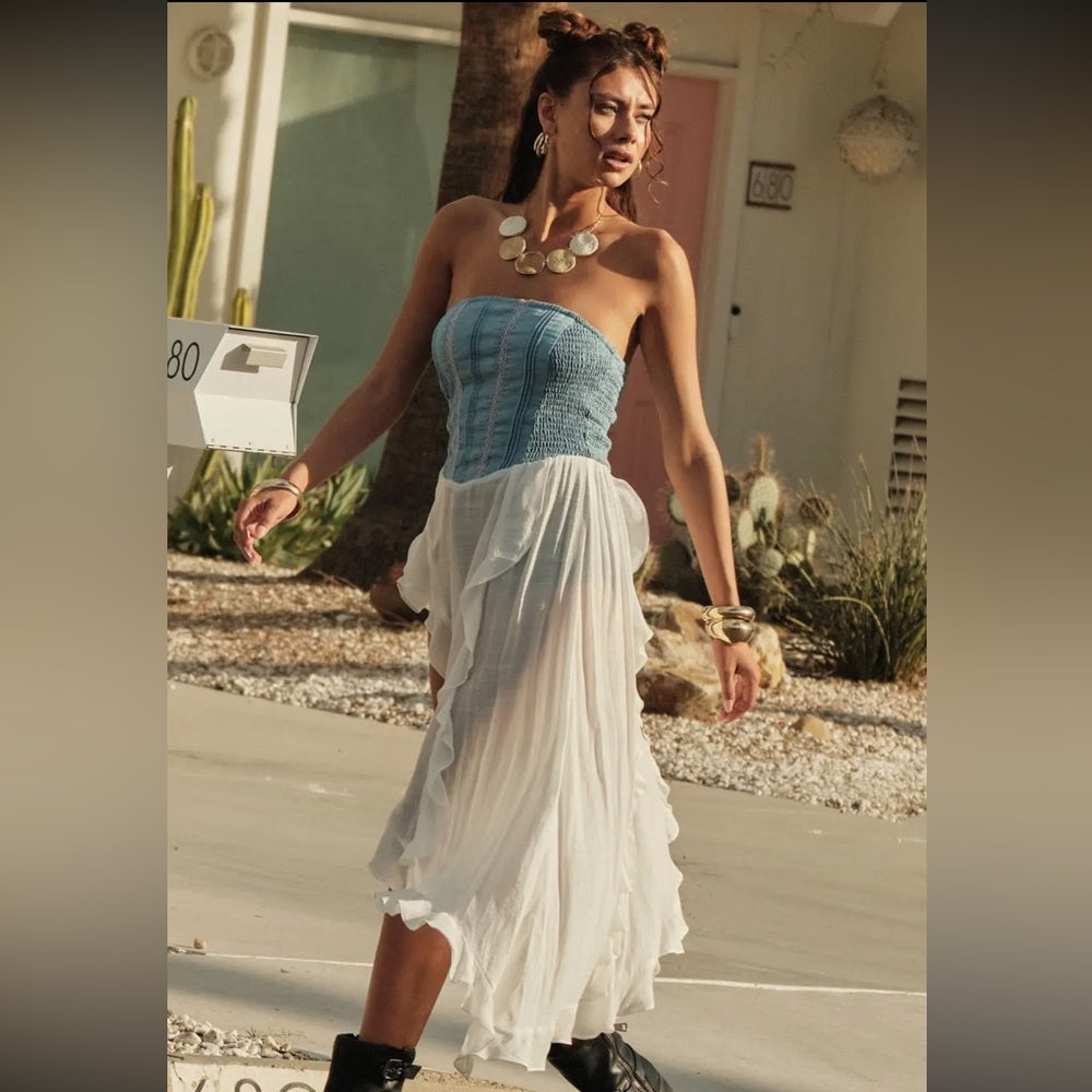 A249. Promesa Counting Clouds Ruffled Asymmetrical Maxi Denim Strapless Top