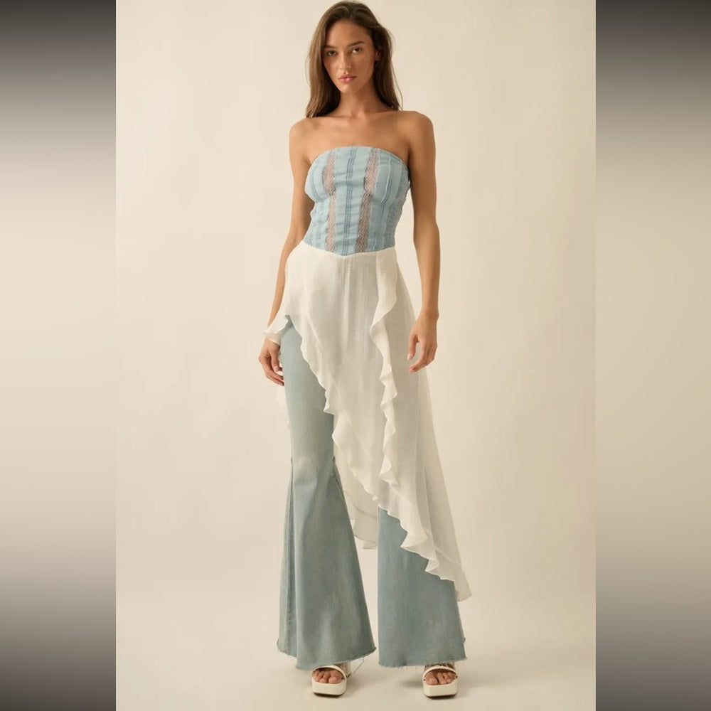 A249. Promesa Counting Clouds Ruffled Asymmetrical Maxi Denim Strapless Top