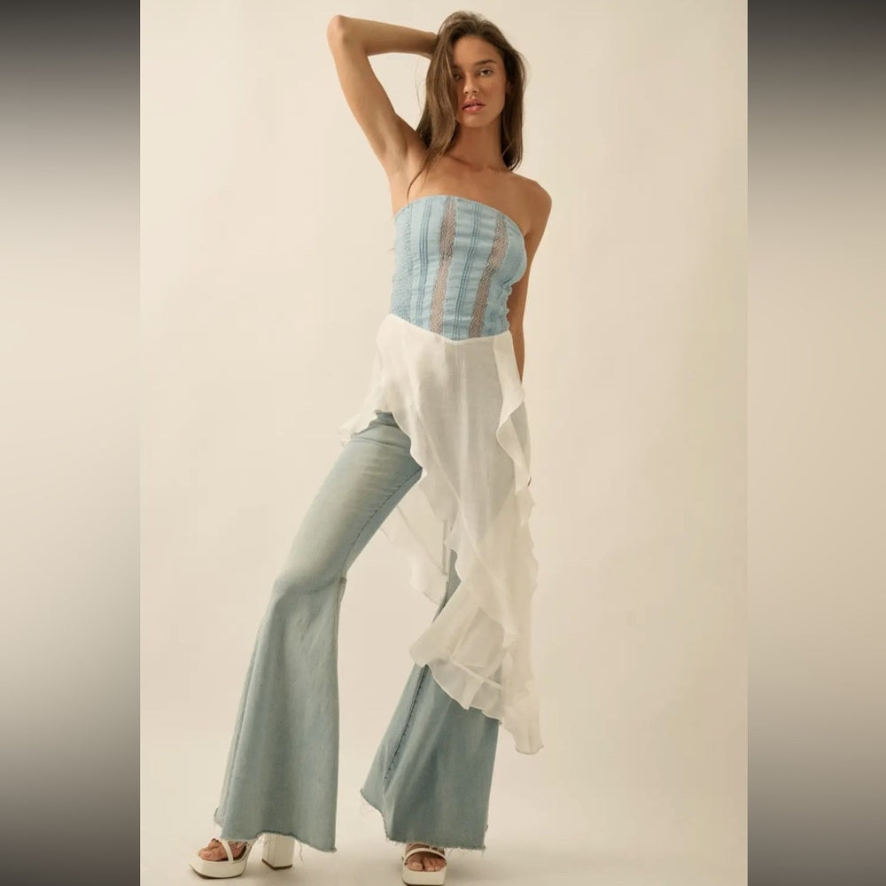 A249. Promesa Counting Clouds Ruffled Asymmetrical Maxi Denim Strapless Top