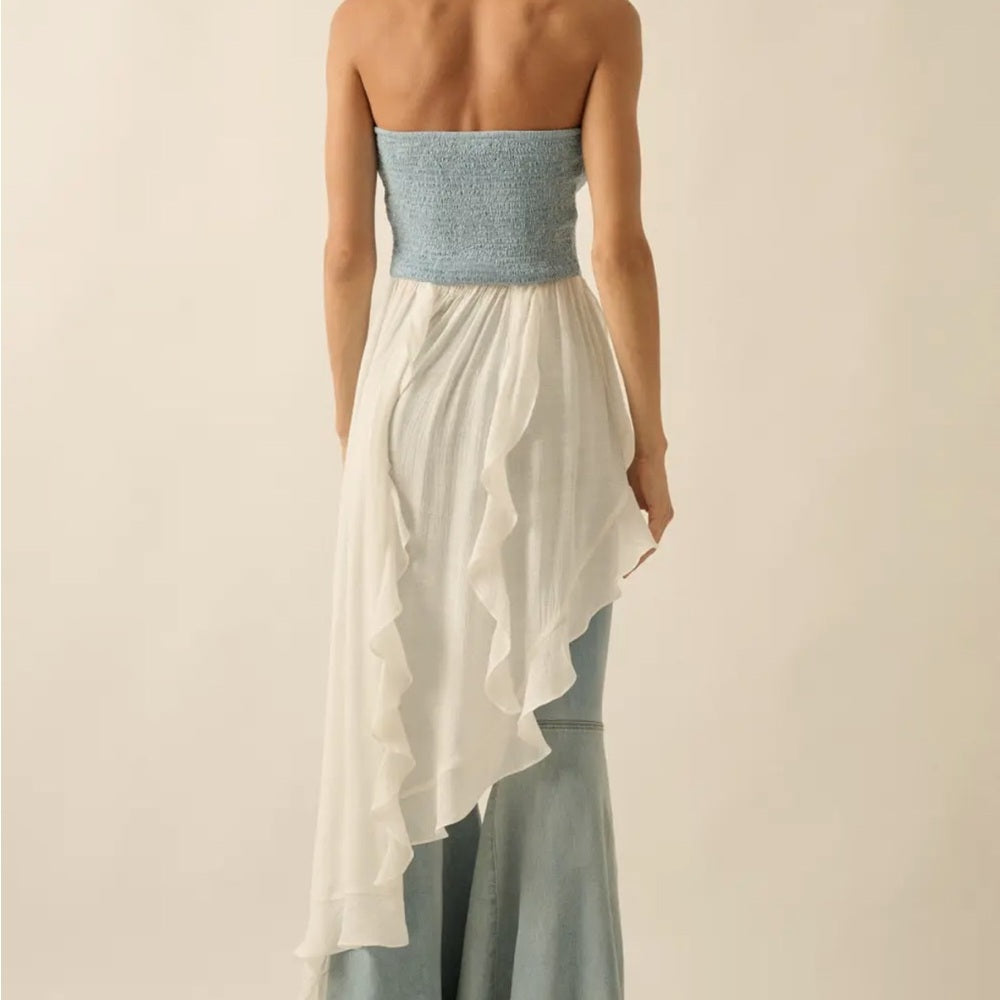 A249. Promesa Counting Clouds Ruffled Asymmetrical Maxi Denim Strapless Top