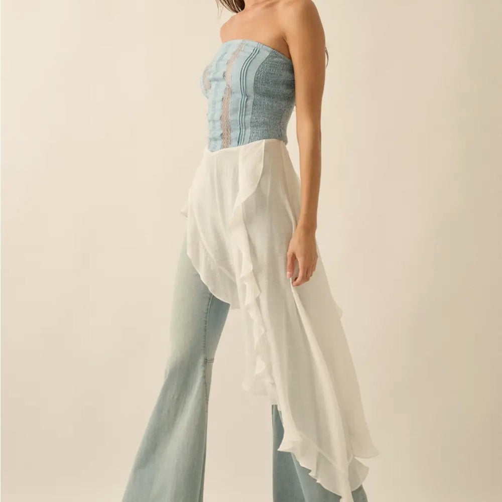A249. Promesa Counting Clouds Ruffled Asymmetrical Maxi Denim Strapless Top