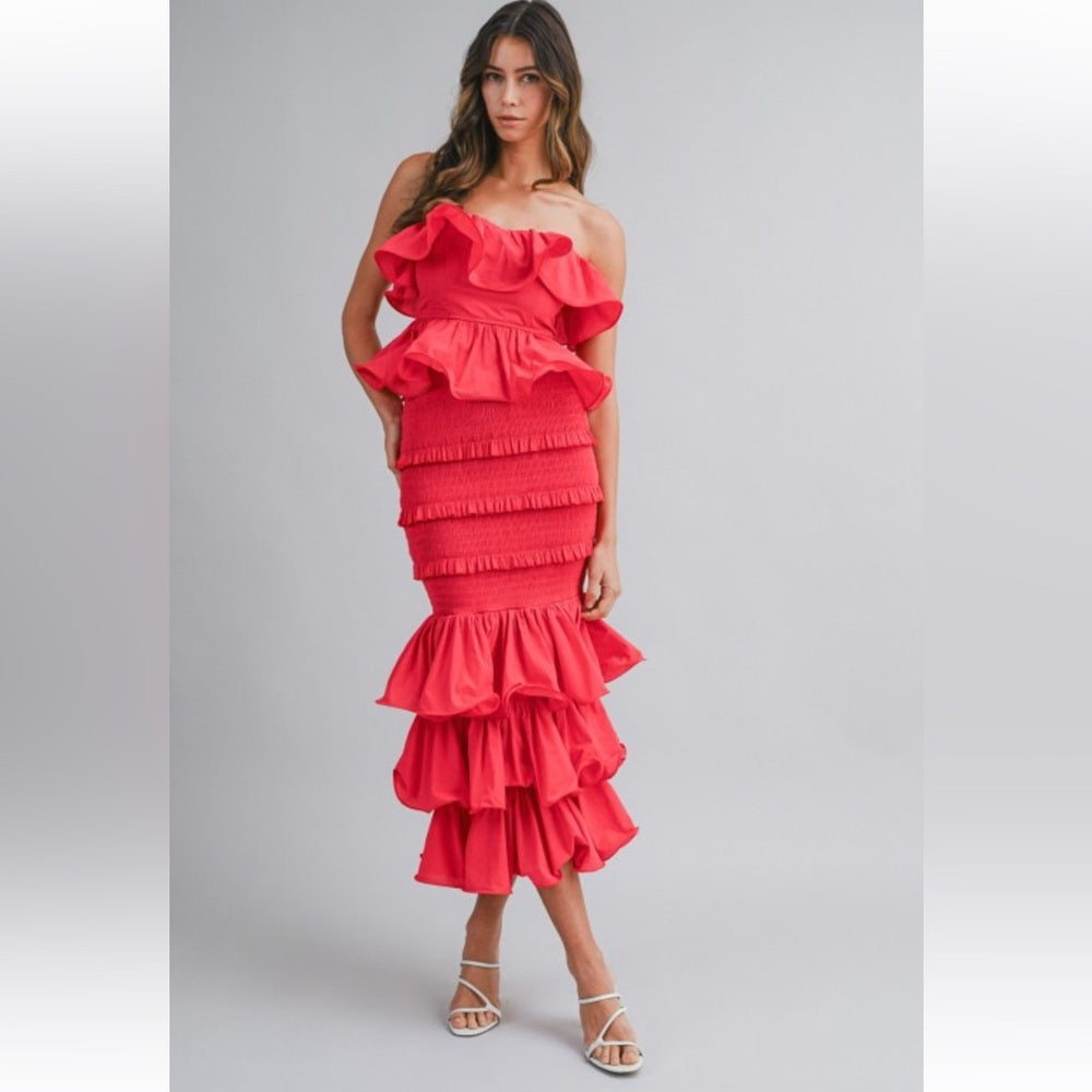 A250. Mable Ruffle Tube Top And Ruffle Tiered Midi Skirt Set