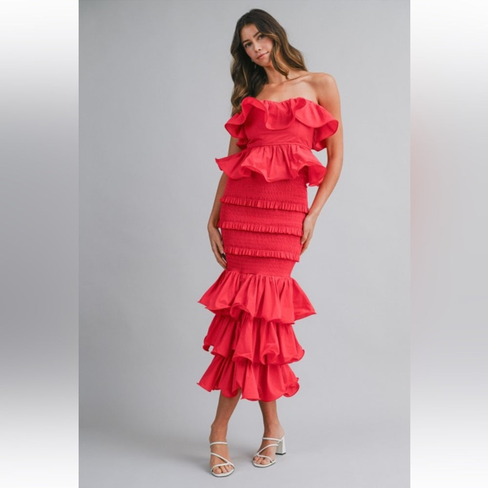 A250. Mable Ruffle Tube Top And Ruffle Tiered Midi Skirt Set