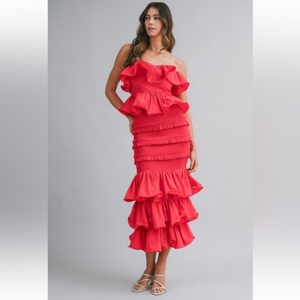 A250. Mable Ruffle Tube Top And Ruffle Tiered Midi Skirt Set