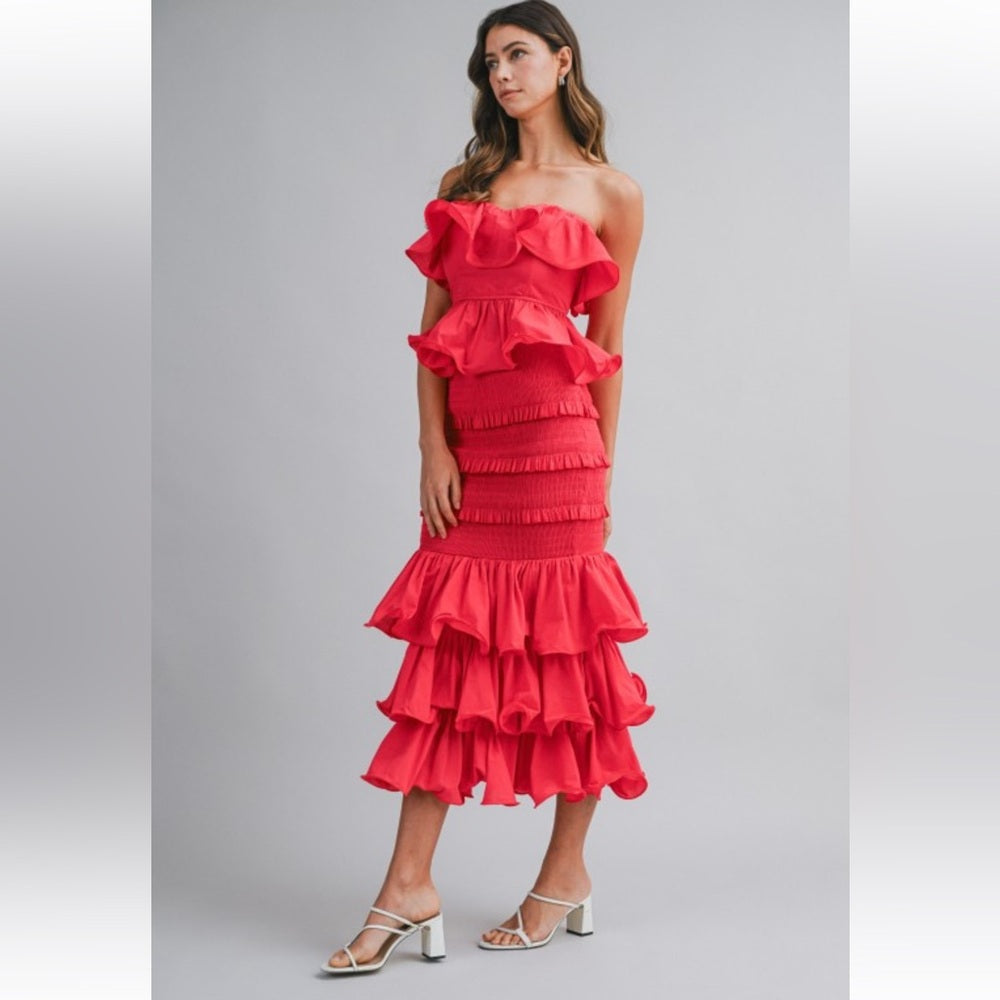 A250. Mable Ruffle Tube Top And Ruffle Tiered Midi Skirt Set