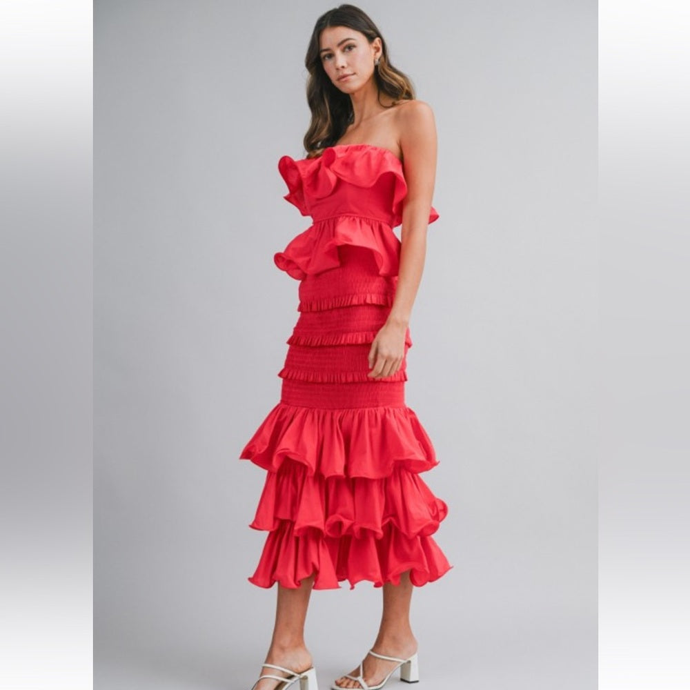 A250. Mable Ruffle Tube Top And Ruffle Tiered Midi Skirt Set