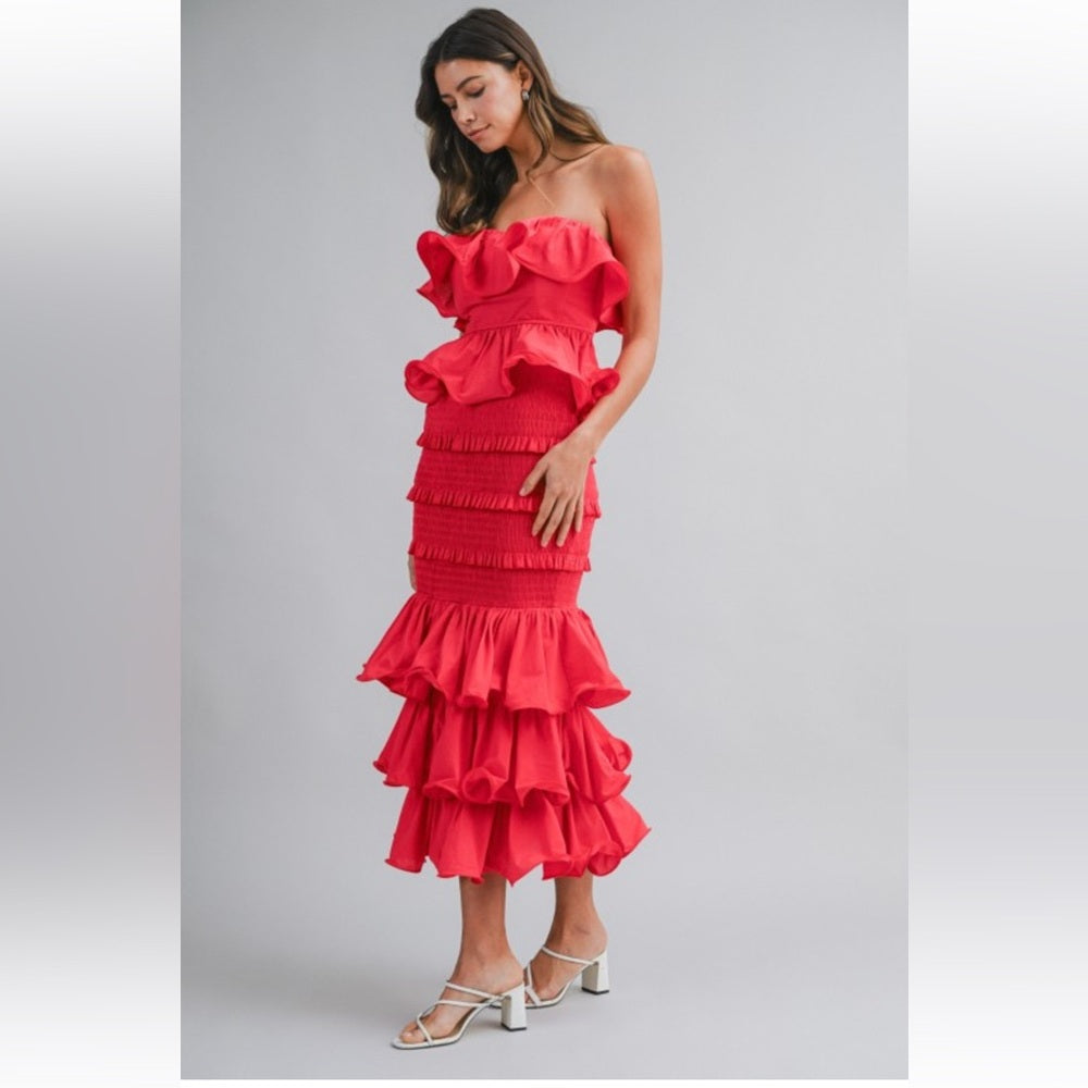 A250. Mable Ruffle Tube Top And Ruffle Tiered Midi Skirt Set