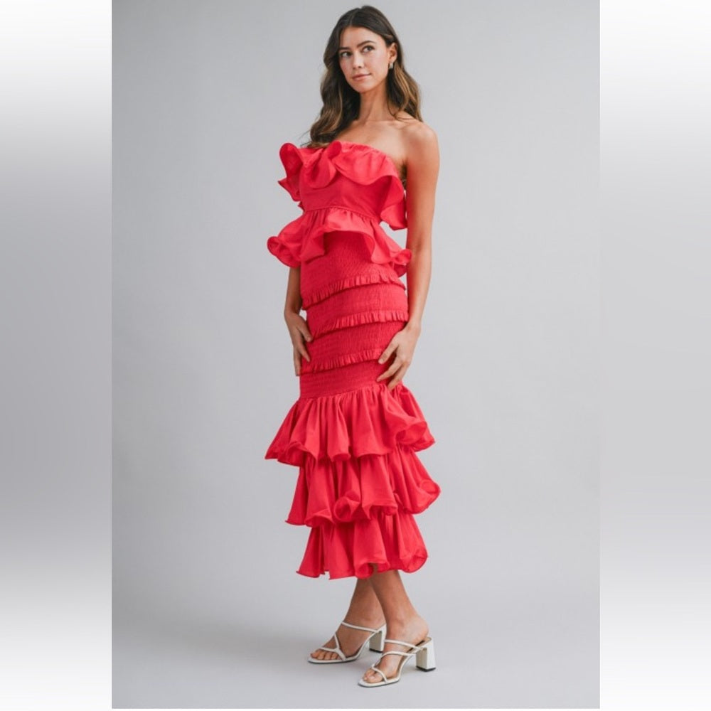 A250. Mable Ruffle Tube Top And Ruffle Tiered Midi Skirt Set