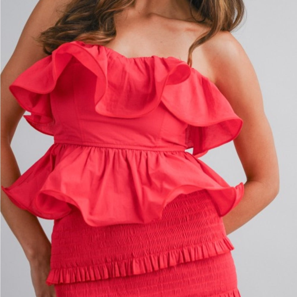 A250. Mable Ruffle Tube Top And Ruffle Tiered Midi Skirt Set