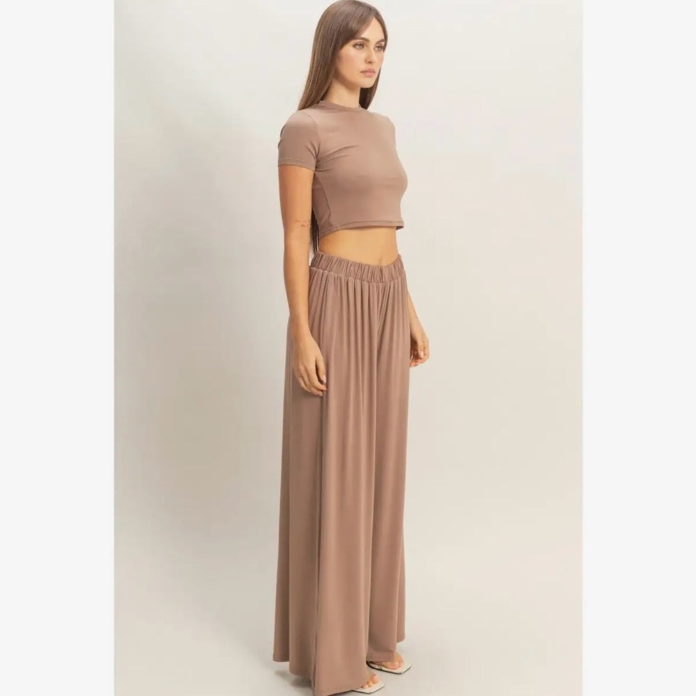 A251. Tan Crop Top & Lounge Wide Leg Pant Set