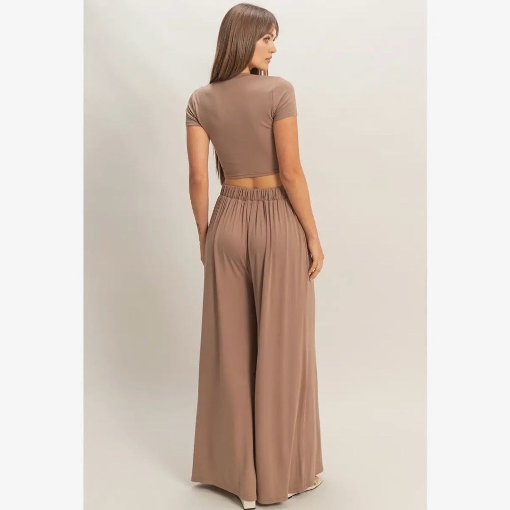 A251. Tan Crop Top & Lounge Wide Leg Pant Set