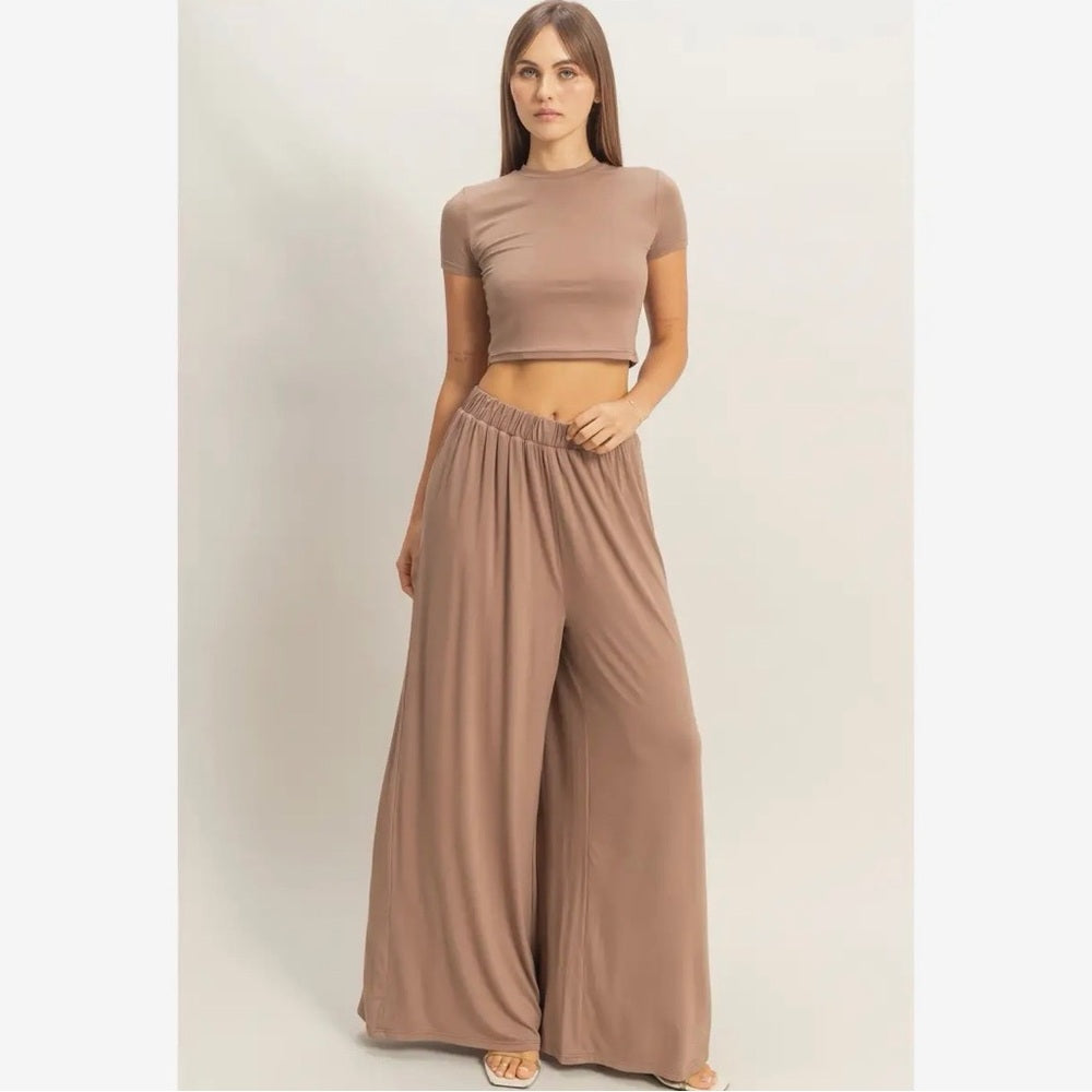 A251. Tan Crop Top & Lounge Wide Leg Pant Set