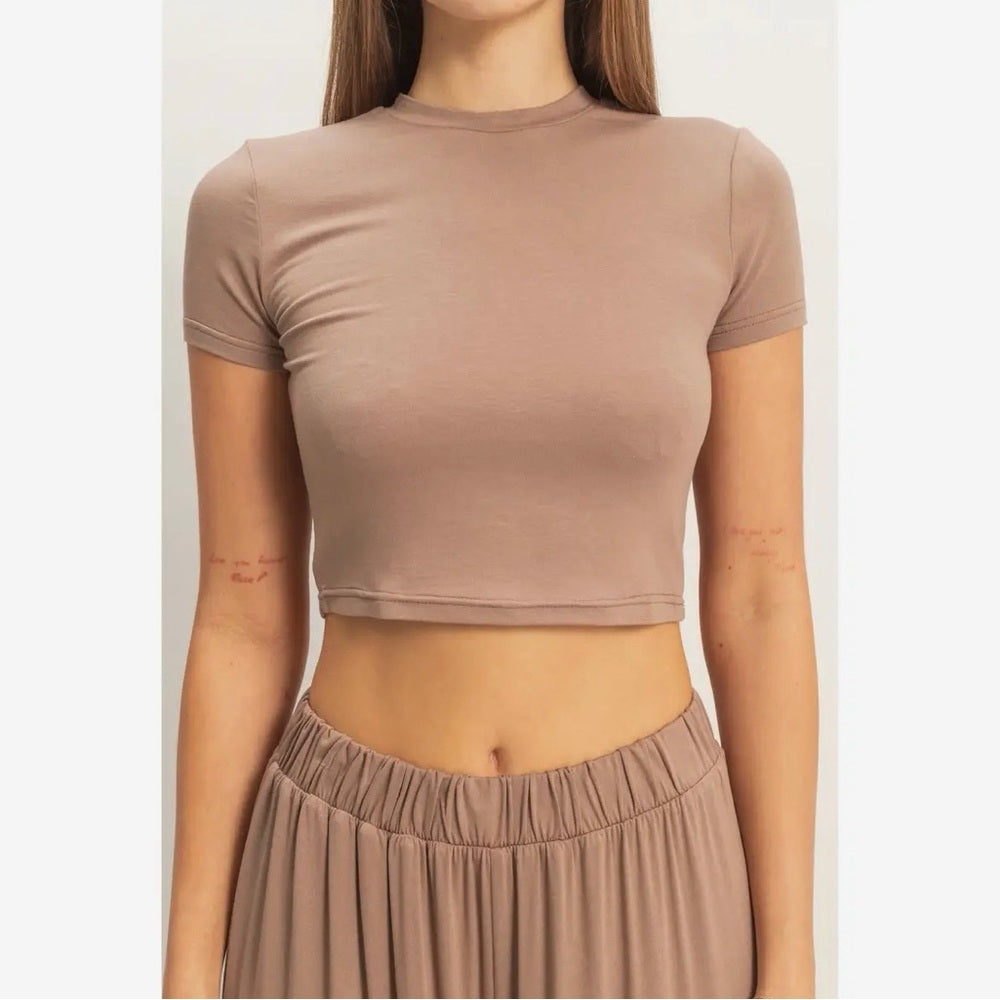 A251. Tan Crop Top & Lounge Wide Leg Pant Set