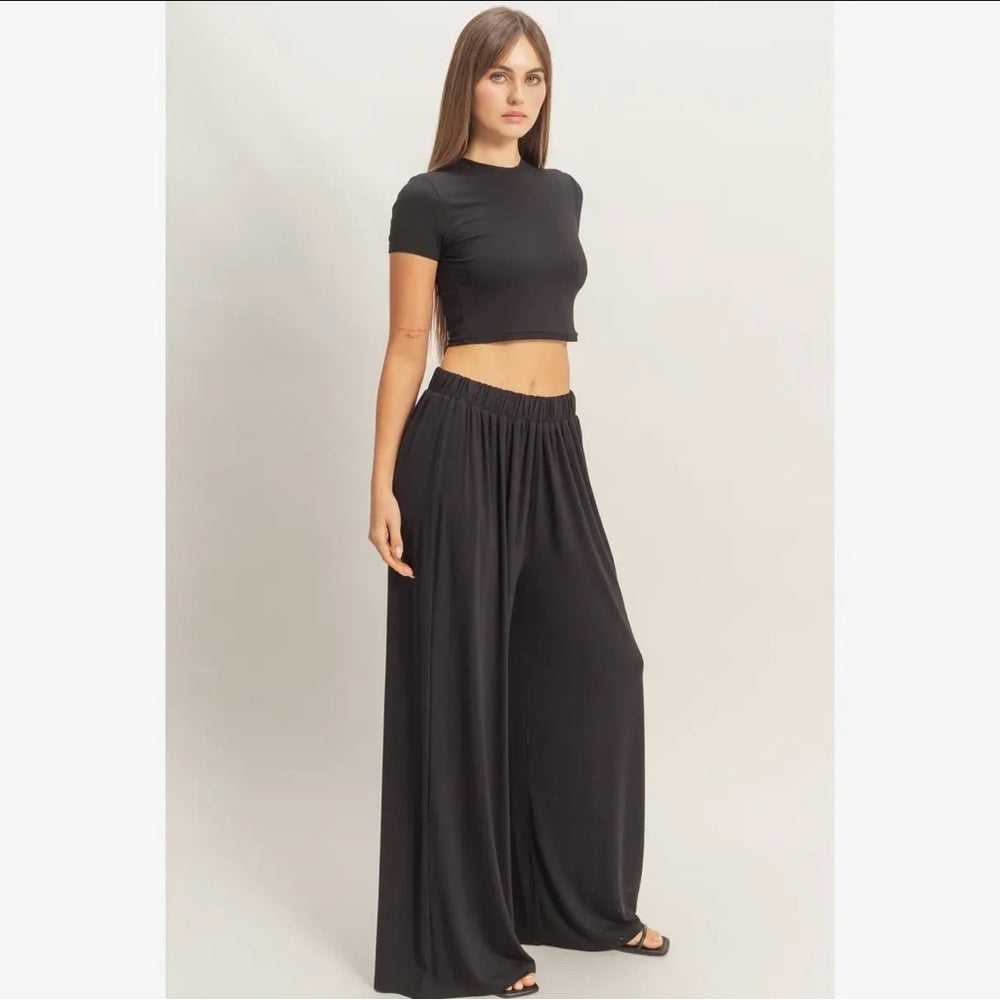 A252. Black Crop Top & Lounge Wide Leg Pant Set