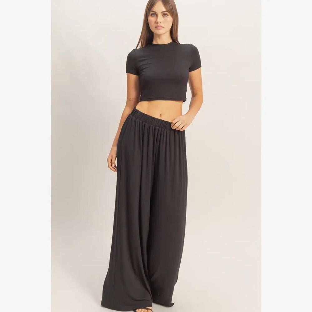 A252. Black Crop Top & Lounge Wide Leg Pant Set