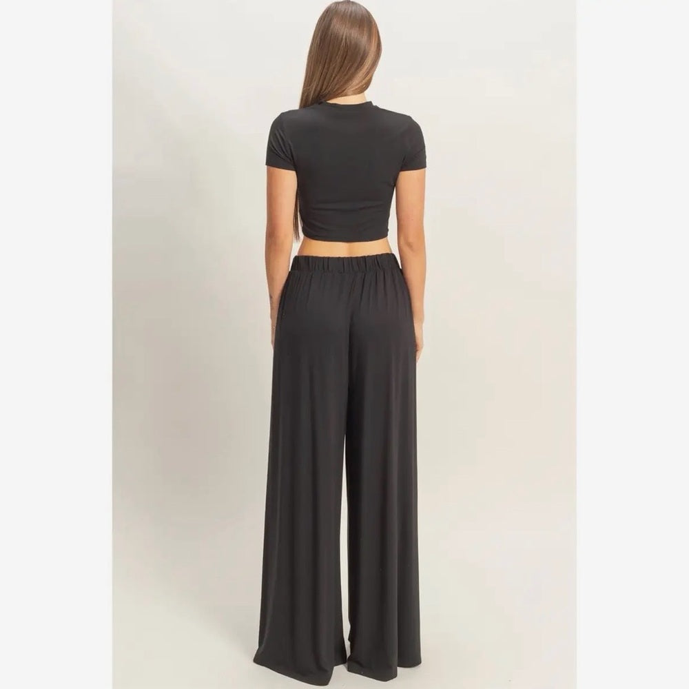 A252. Black Crop Top & Lounge Wide Leg Pant Set