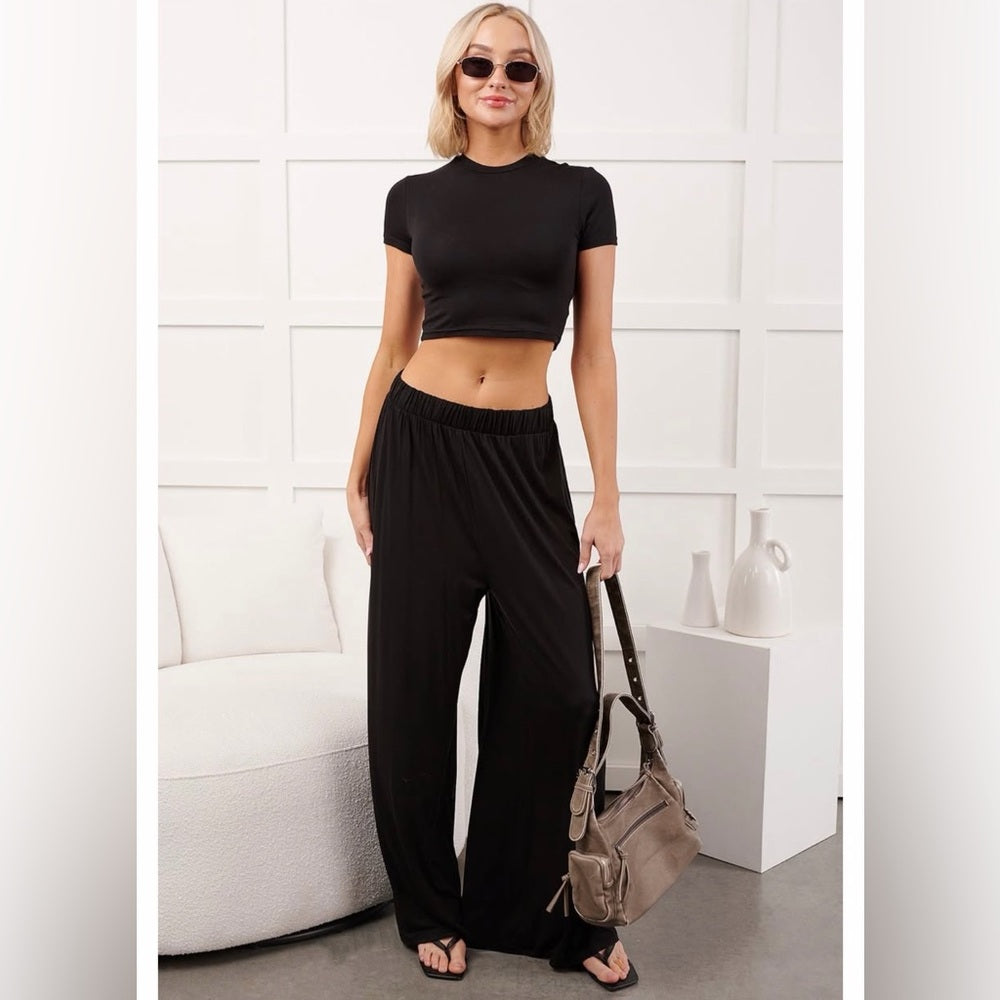 A252. Black Crop Top & Lounge Wide Leg Pant Set