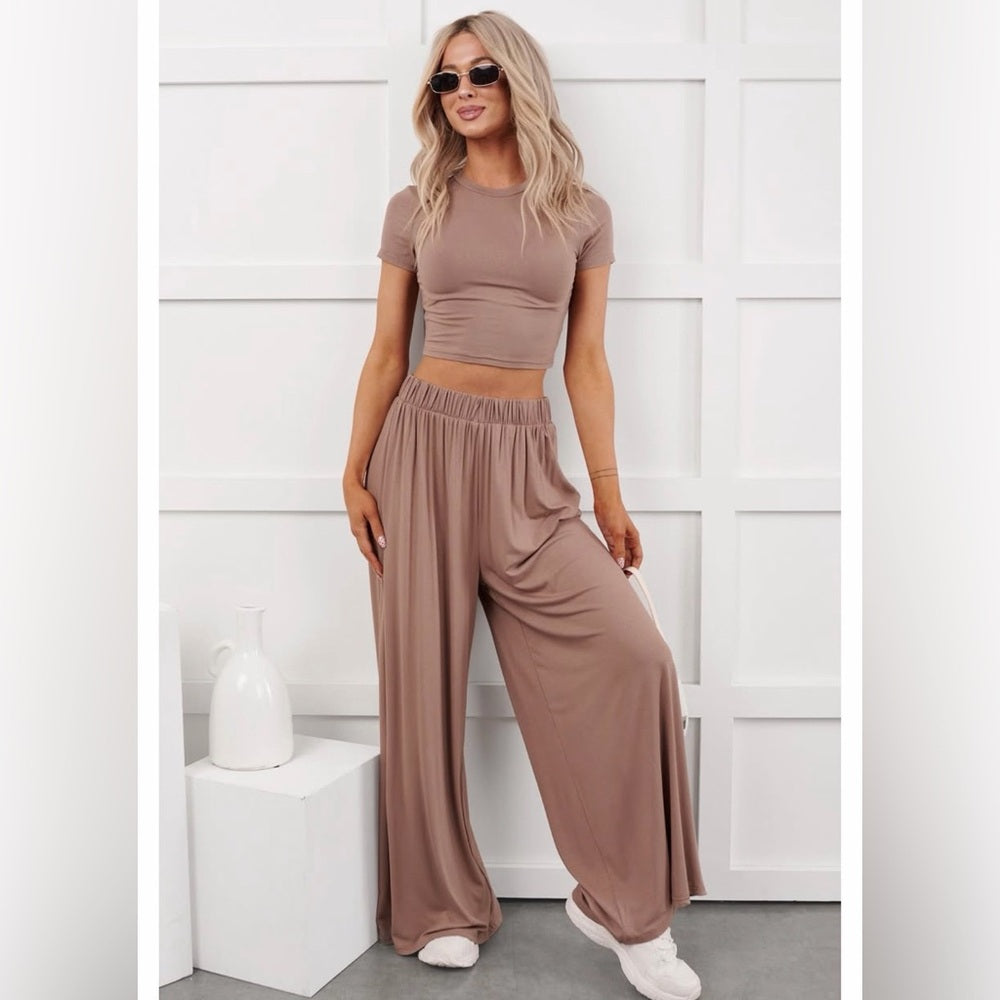 A251. Tan Crop Top & Lounge Wide Leg Pant Set