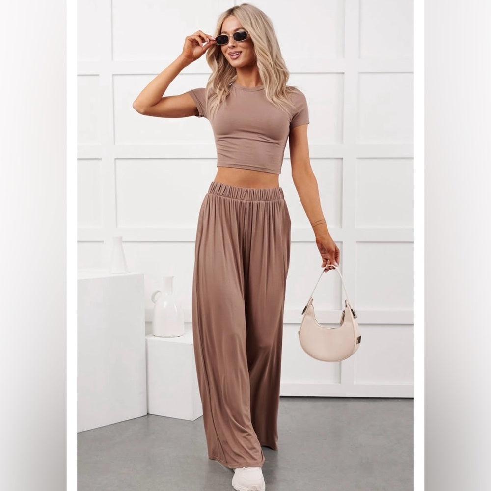 A251. Tan Crop Top & Lounge Wide Leg Pant Set
