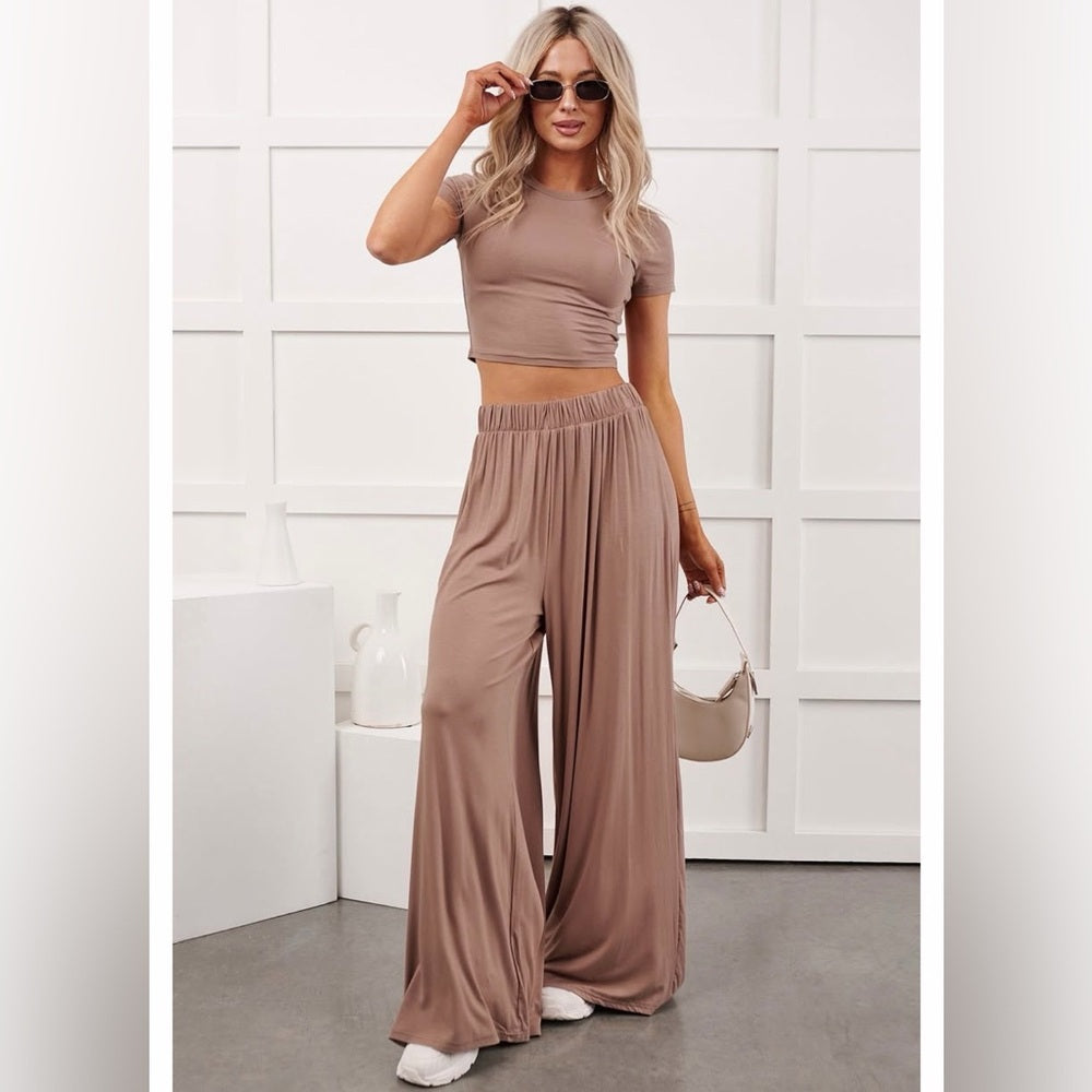A251. Tan Crop Top & Lounge Wide Leg Pant Set