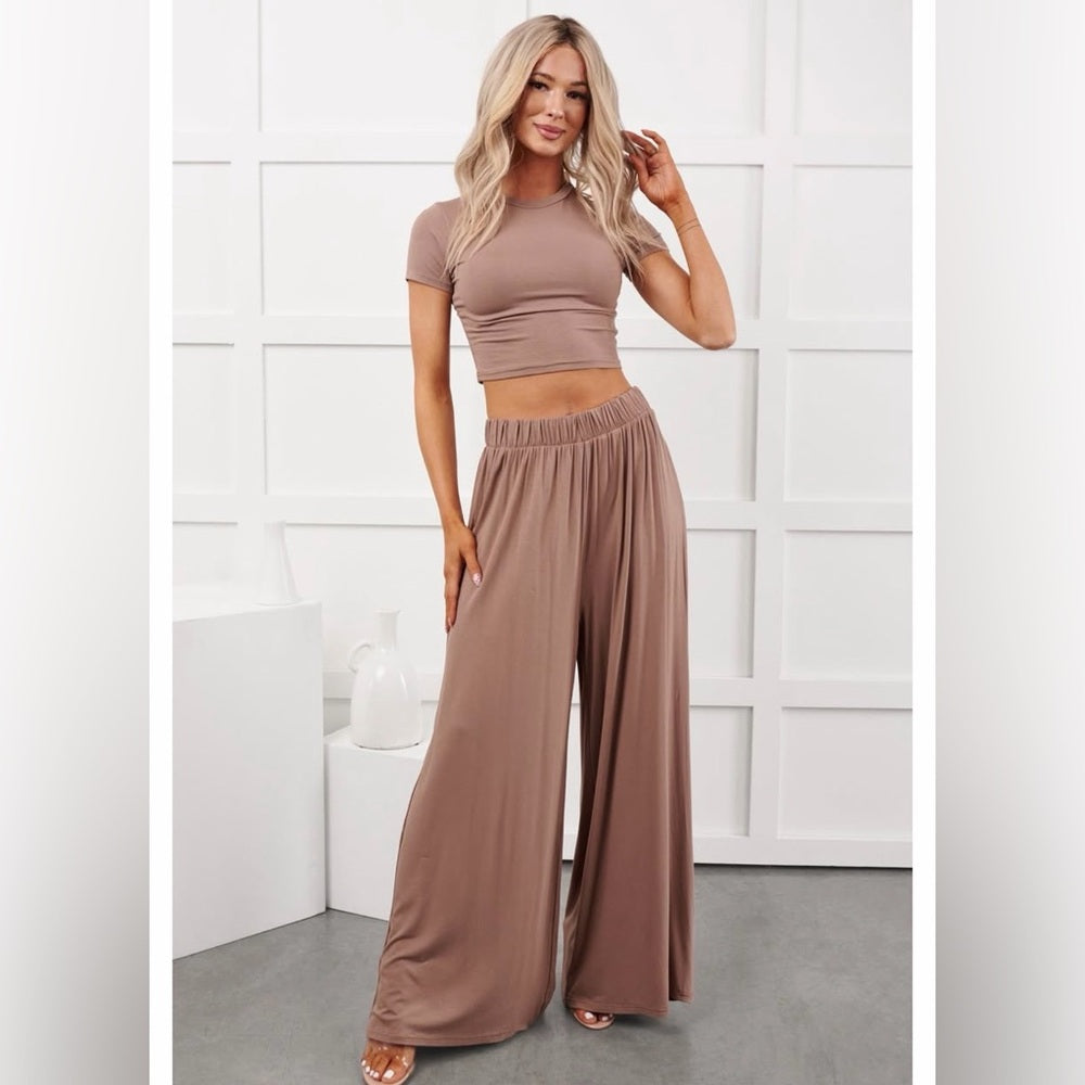 A251. Tan Crop Top & Lounge Wide Leg Pant Set