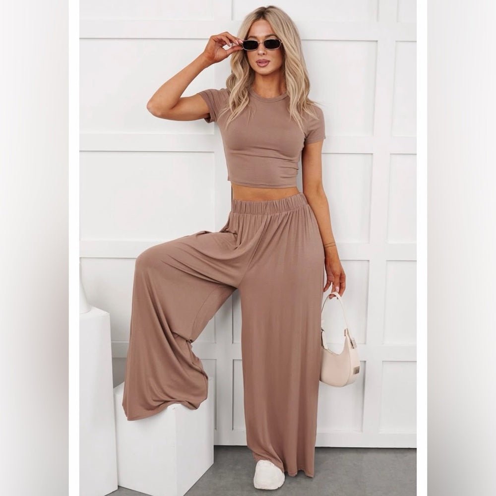 A251. Tan Crop Top & Lounge Wide Leg Pant Set