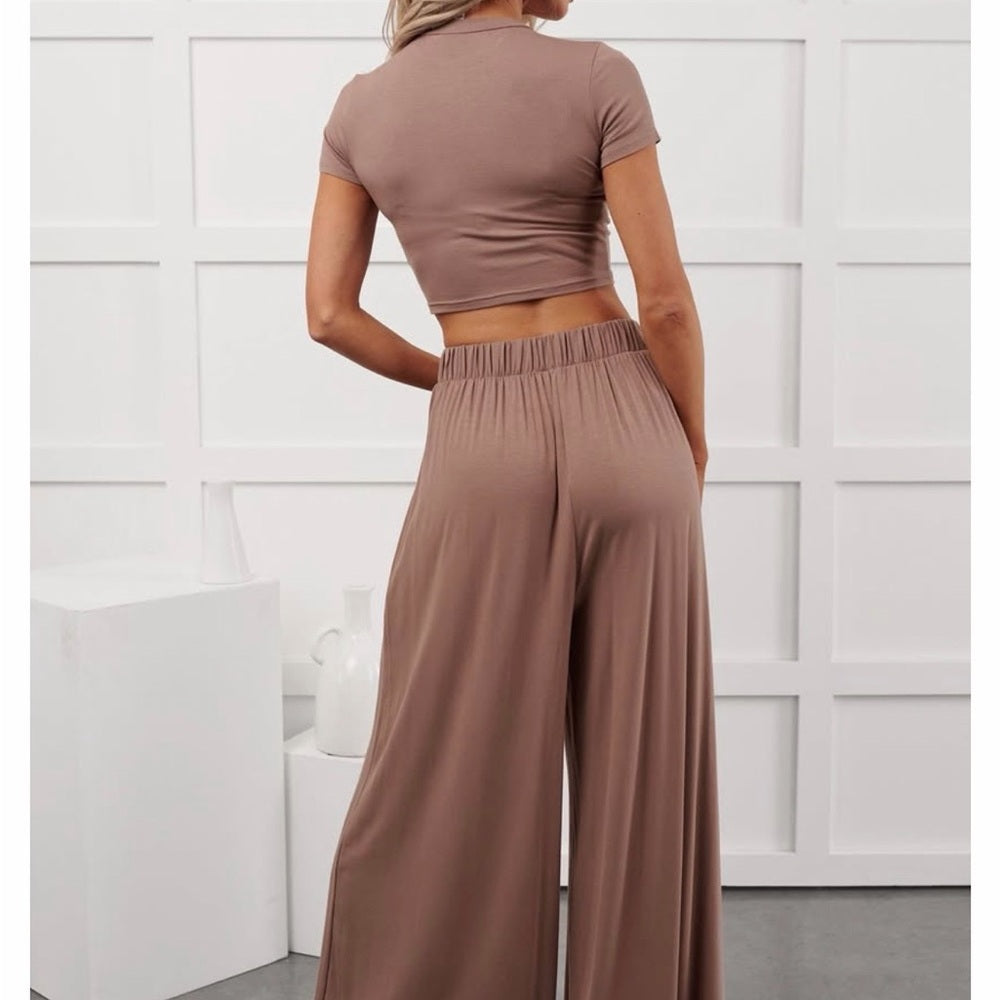 A251. Tan Crop Top & Lounge Wide Leg Pant Set