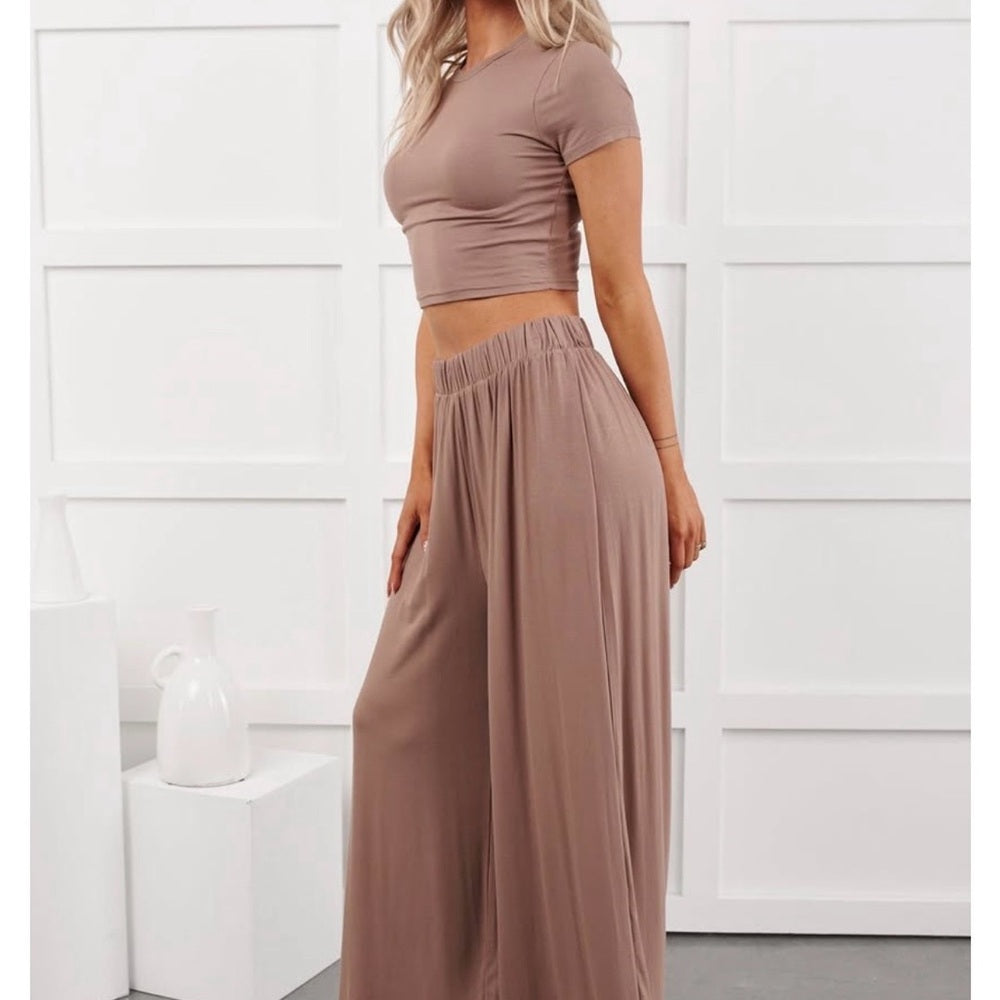 A251. Tan Crop Top & Lounge Wide Leg Pant Set