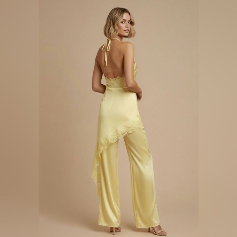 A256. Beige Asymmetrical Halter Jumpsuit with Lace Trim