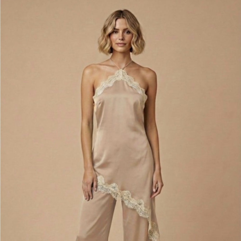 A256. Beige Asymmetrical Halter Jumpsuit with Lace Trim
