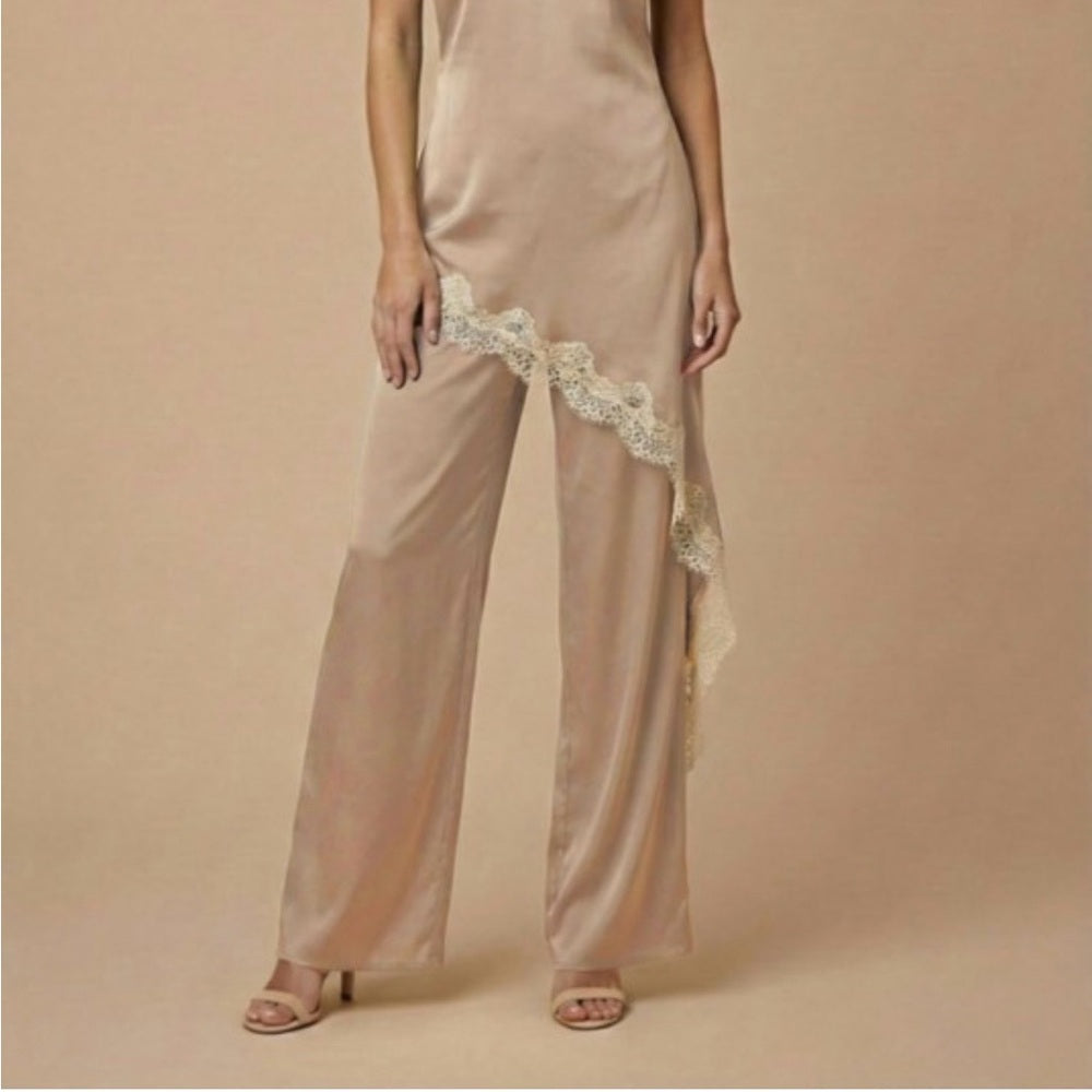 A256. Beige Asymmetrical Halter Jumpsuit with Lace Trim