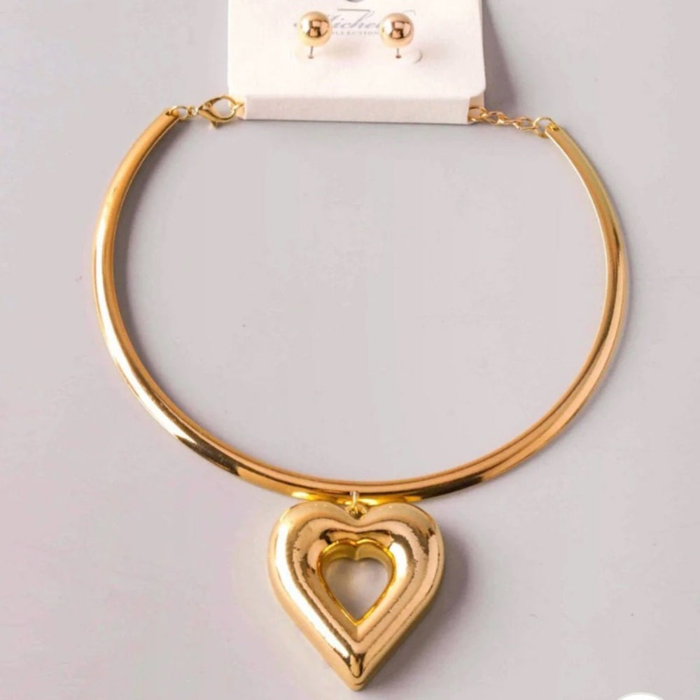 Bold Gold Heart Necklace and Earring Set