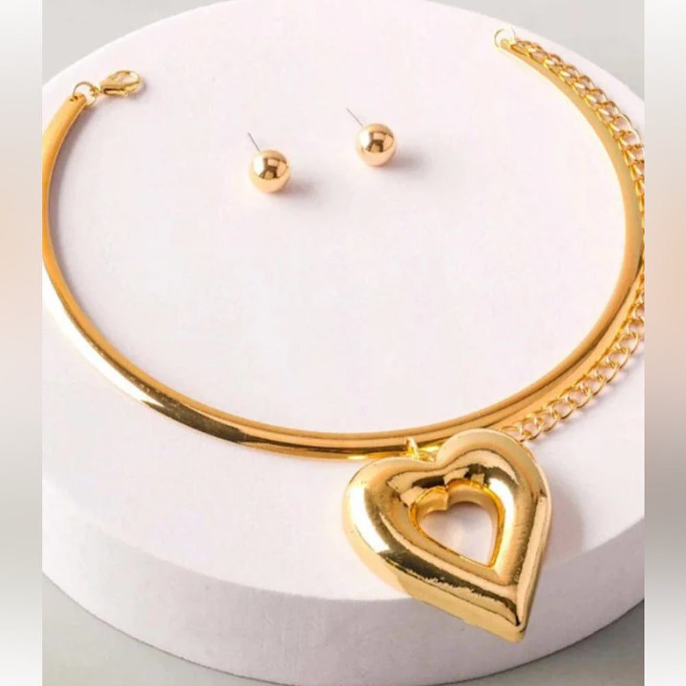 Bold Gold Heart Necklace and Earring Set