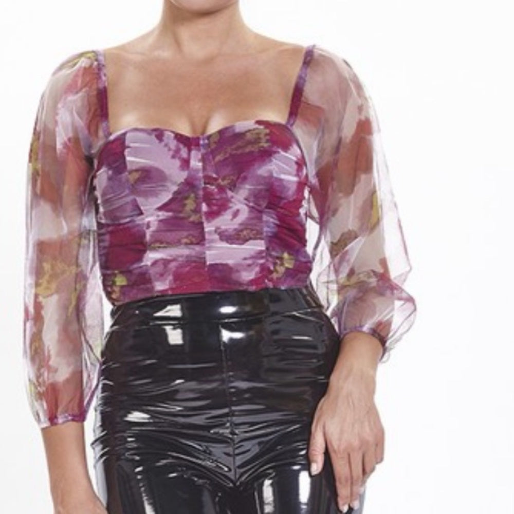 A258. Sheer Mesh Floral Corset Top