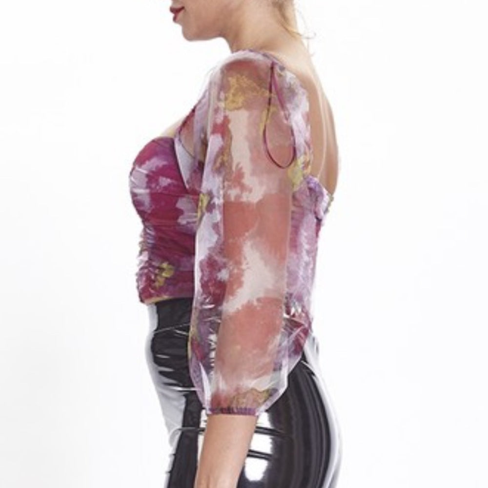 A258. Sheer Mesh Floral Corset Top