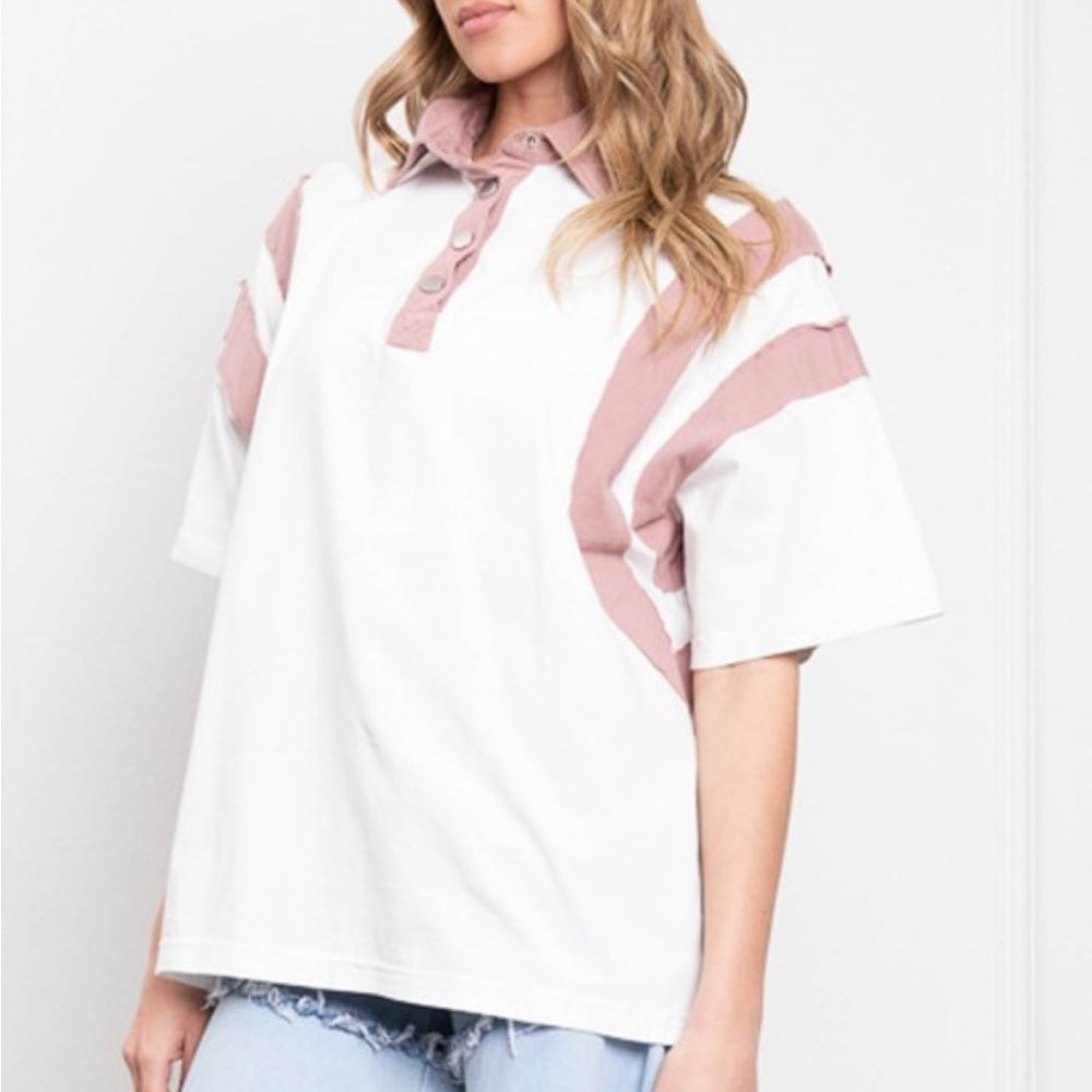 A261. White and Pink Oversized Polo Top