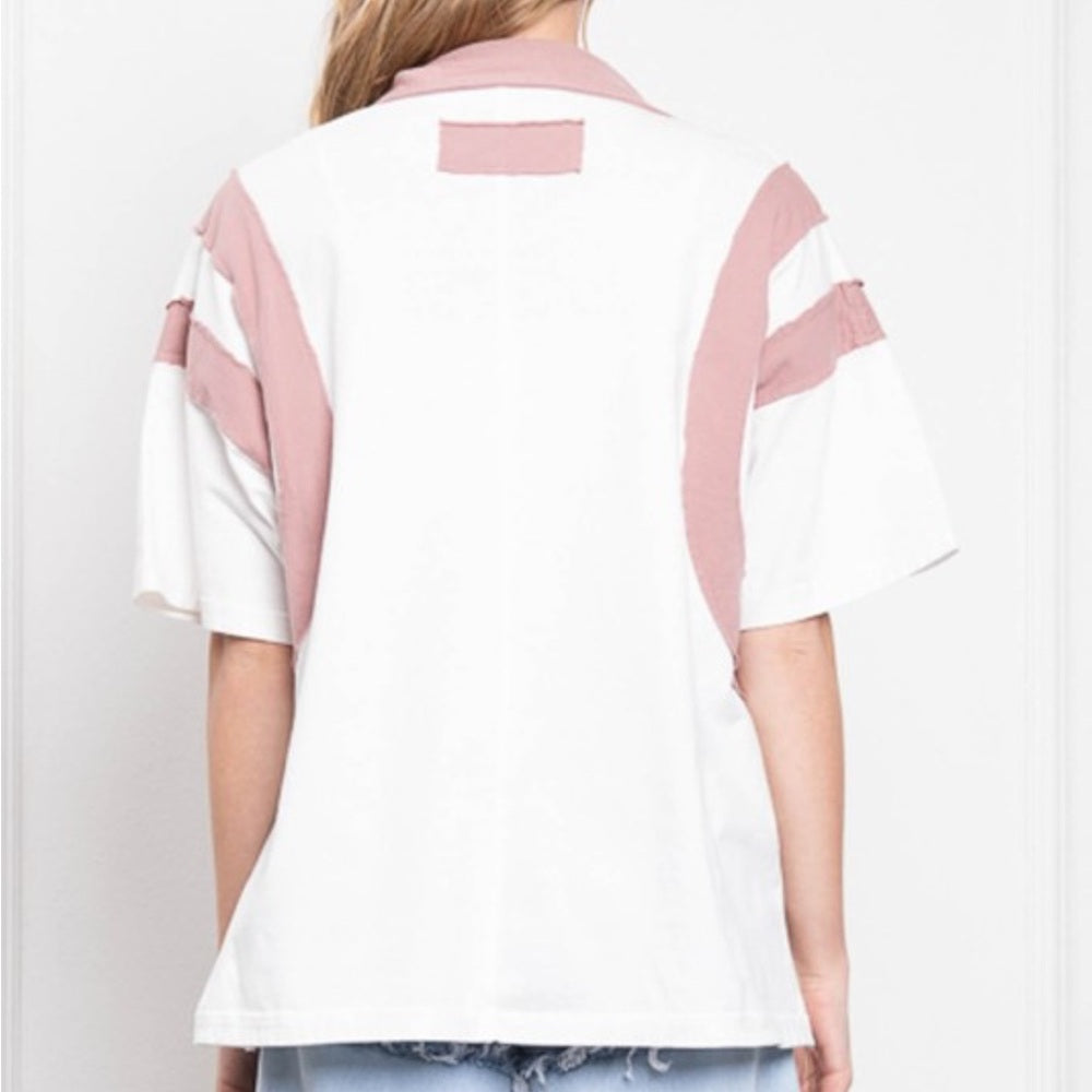 A261. White and Pink Oversized Polo Top