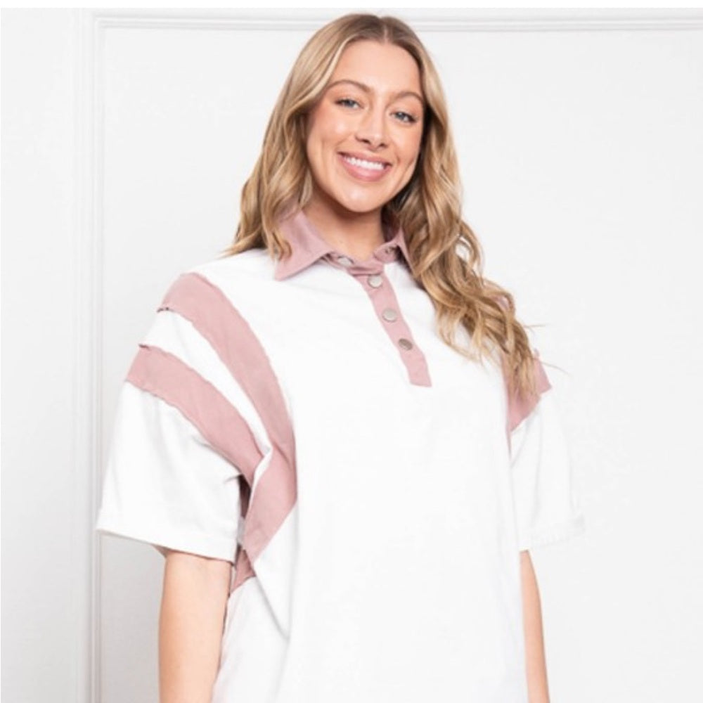 A261. White and Pink Oversized Polo Top