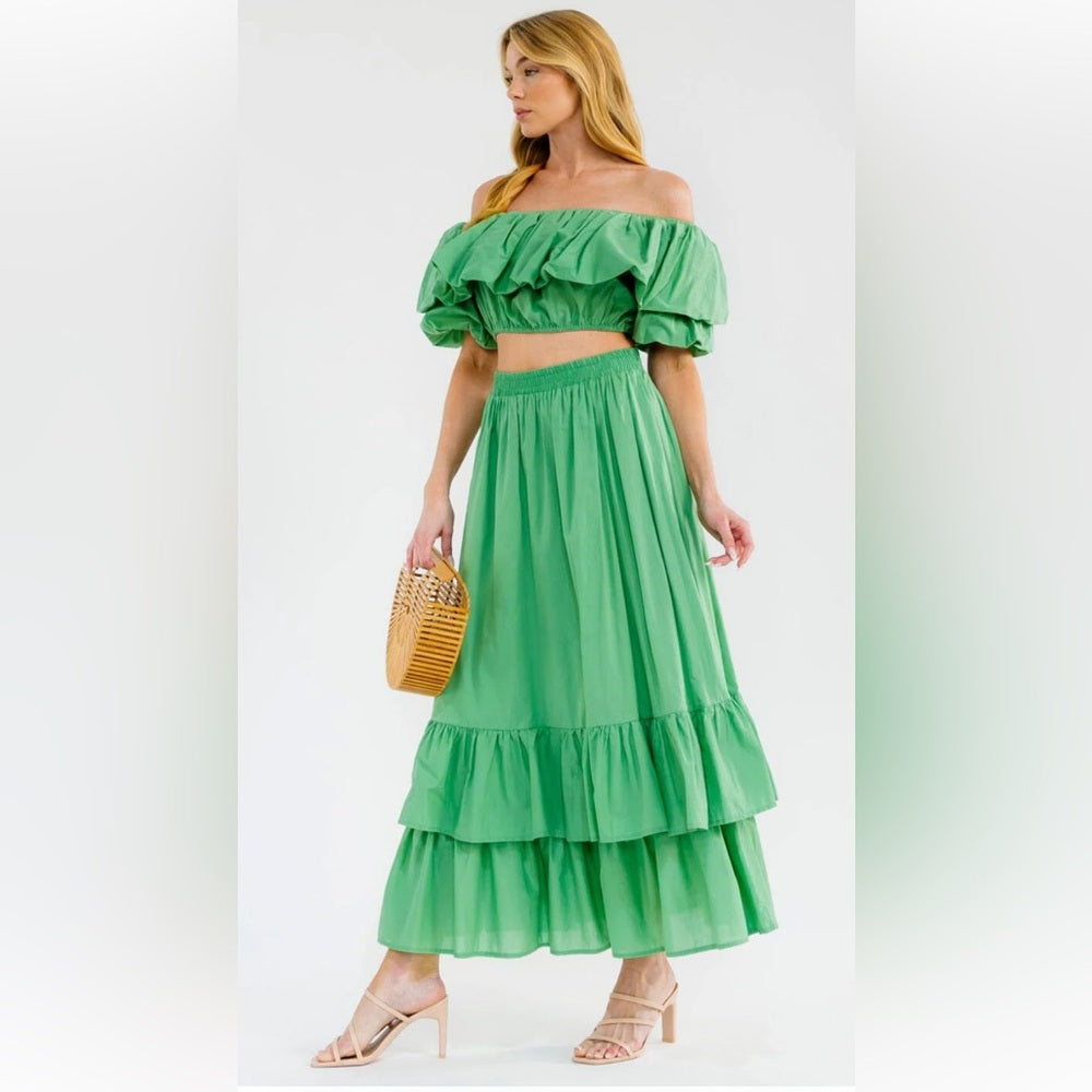 A264. Green Ruffled Maxi Skirt & Top Set