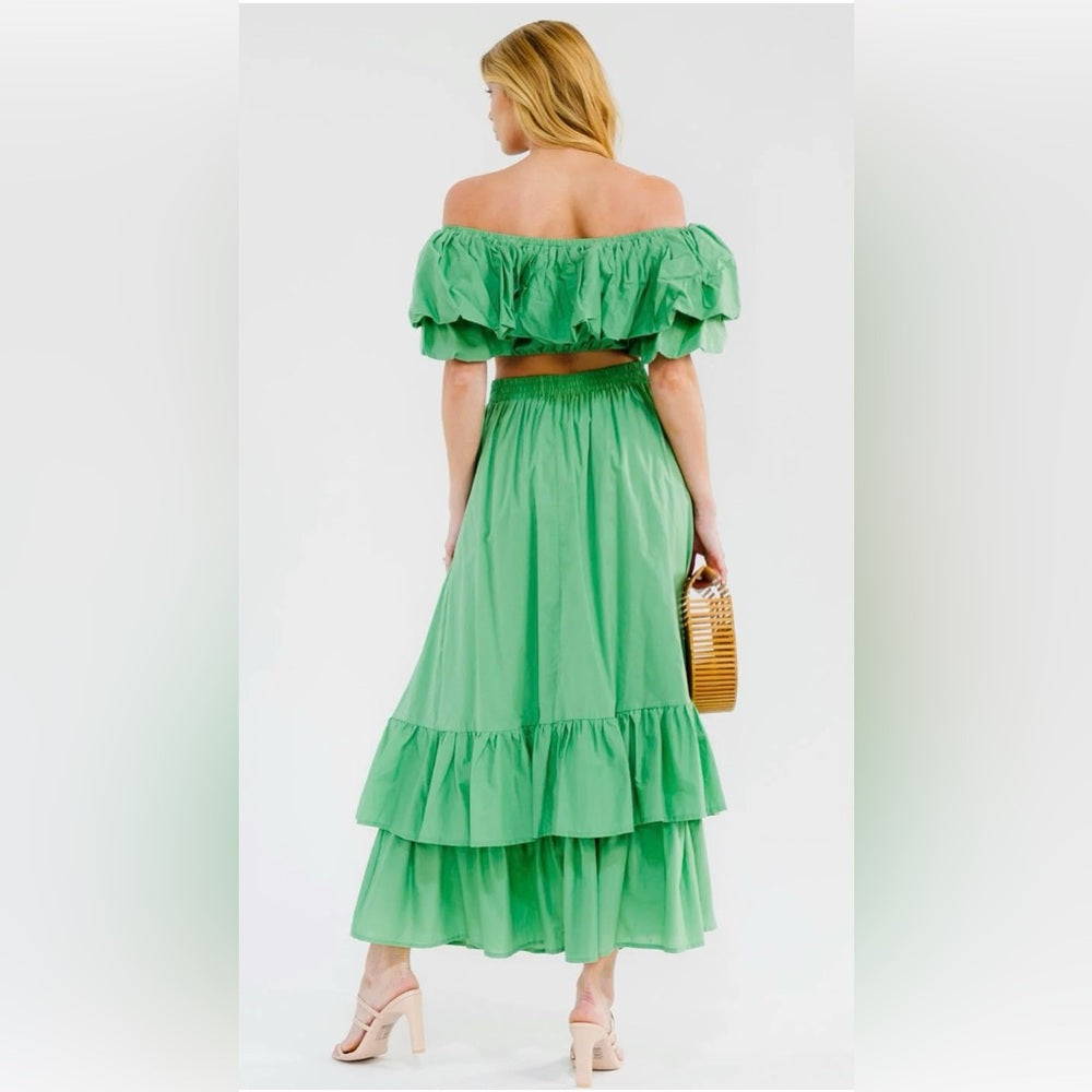 A264. Green Ruffled Maxi Skirt & Top Set