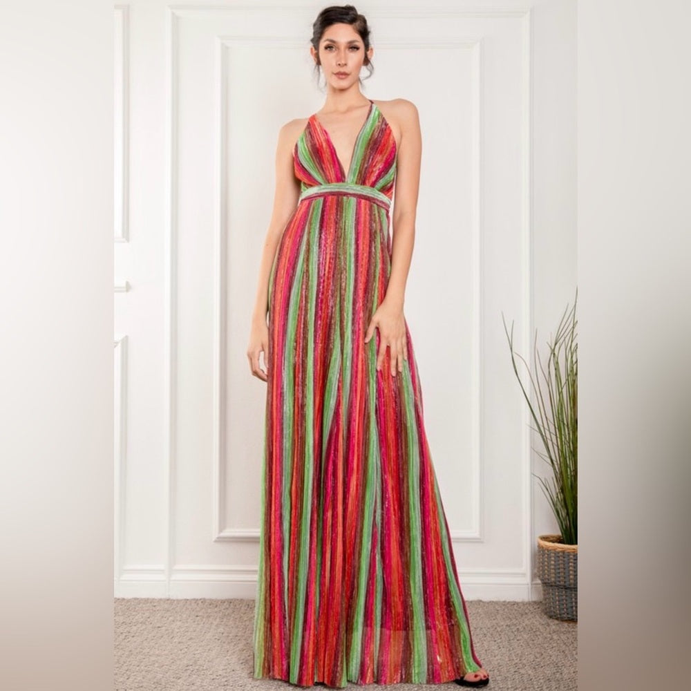 A278. Multicolor Shimmer Halter Maxi Dress