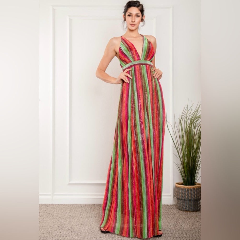 A278. Multicolor Shimmer Halter Maxi Dress